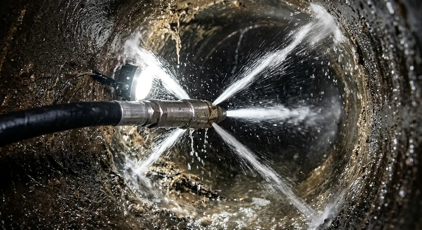 High-pressure hydro jetting nozzle cleaning sewer pipe for Sewer Cleanout in Collegeville