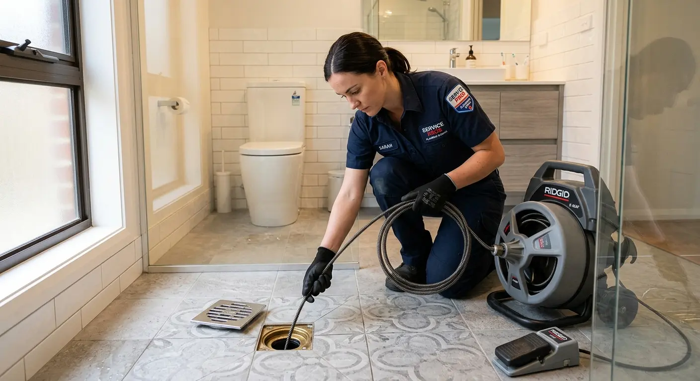 Technician clearing a bathroom floor drain for Sewer Line Installation in Collegeville